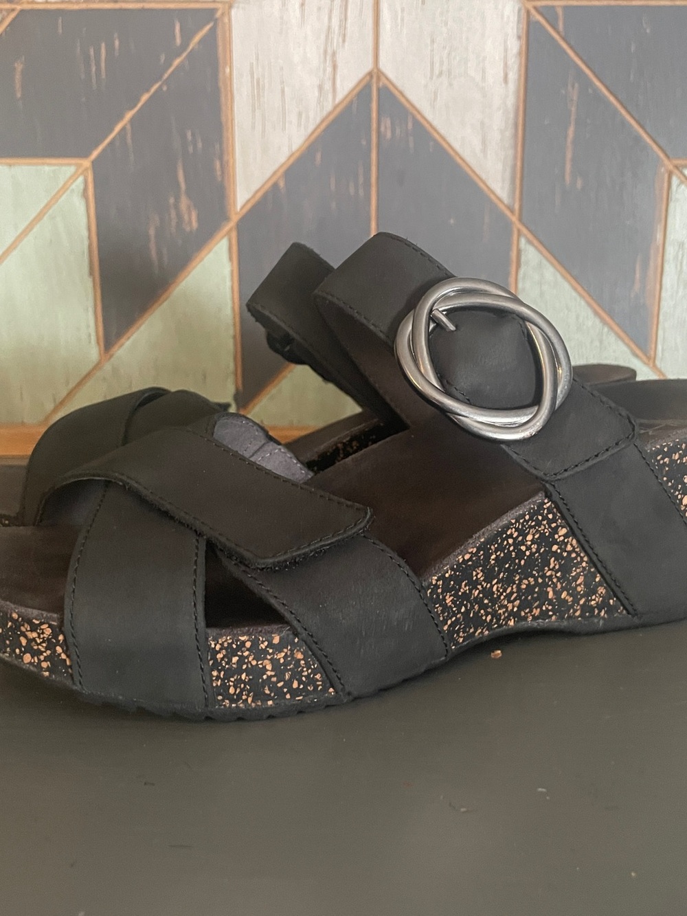 Dansko Susie Black Nubuck Leather Cork Wedge Sandals Women 38 US 8-8.5